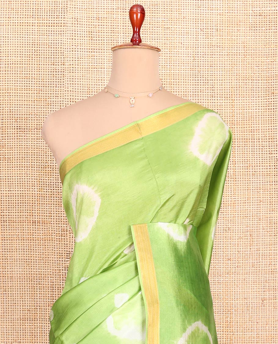 Green Banana Pith Saree Simply Sparkled with Shibori Prints, Zari Bavanji Border, Complemented with a Contrast Printed Pallu of Shibori Motifs, and Paired with a Contrast Blouse - Image 2