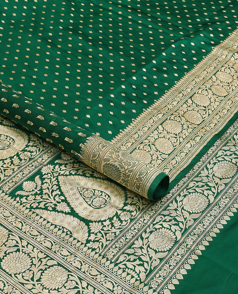 Green banarasi silk saree with zari buttas, zari border of floral creeper designs & zari-rich pallu of intricate floral designs - Image 2