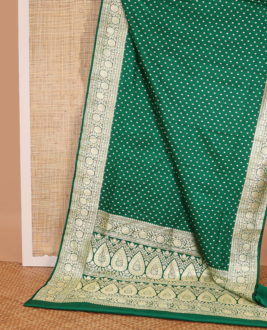 Green banarasi silk saree with zari buttas, zari border of floral creeper designs & zari-rich pallu of intricate floral designs - Image 3