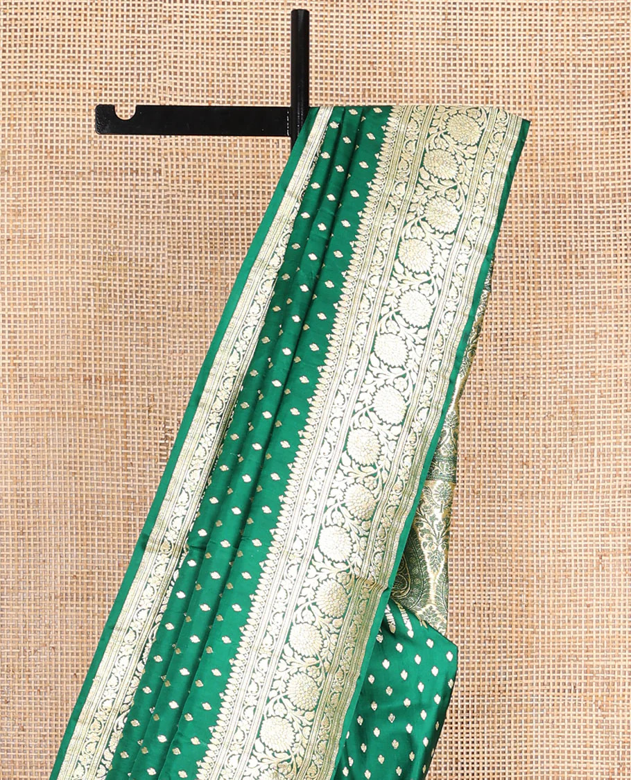 Green banarasi silk saree with zari buttas, zari border of floral creeper designs & zari-rich pallu of intricate floral designs - Image 4