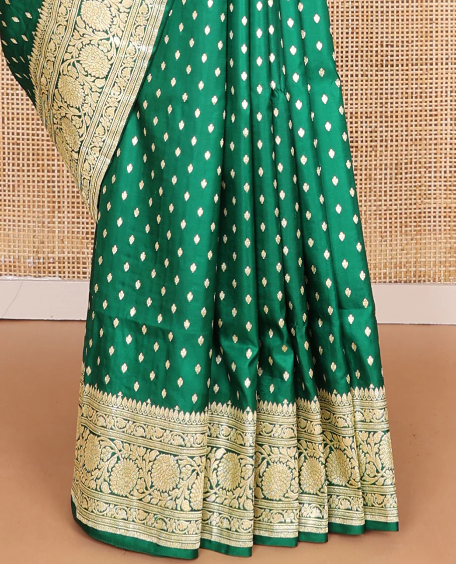 Green banarasi silk saree with zari buttas, zari border of floral creeper designs & zari-rich pallu of intricate floral designs - Image 5