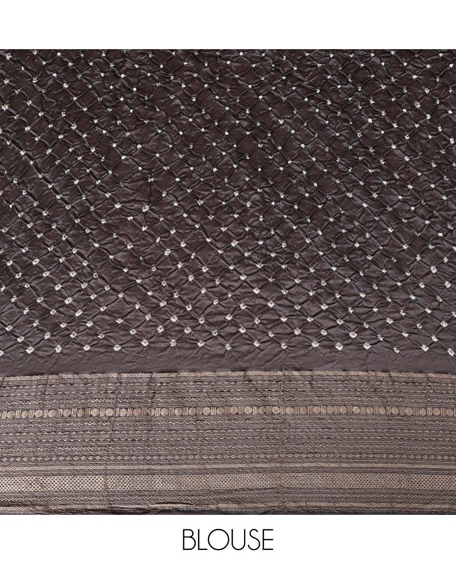 Green bandhani dotted bandhani silk saree, contrast traditional motifs steeped border, and zari striped pallu - Image 3