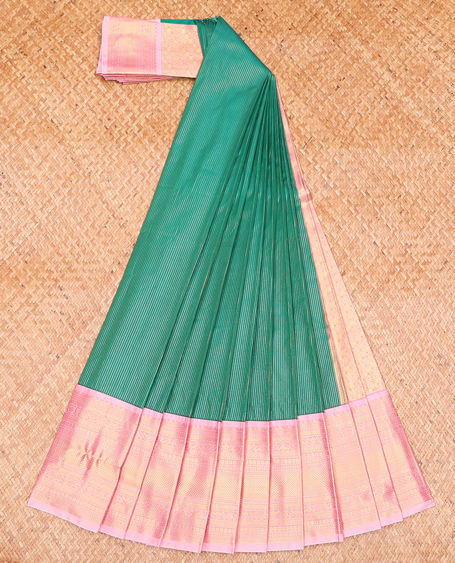 Green Budget Silk Saree Decked Up with Zari Dotted Stripes, Complemented by a Contrast Traditional Zari Design Border, Elegantly Designed Jaal Pallu, and Paired with a Contrast Blouse - Image 2