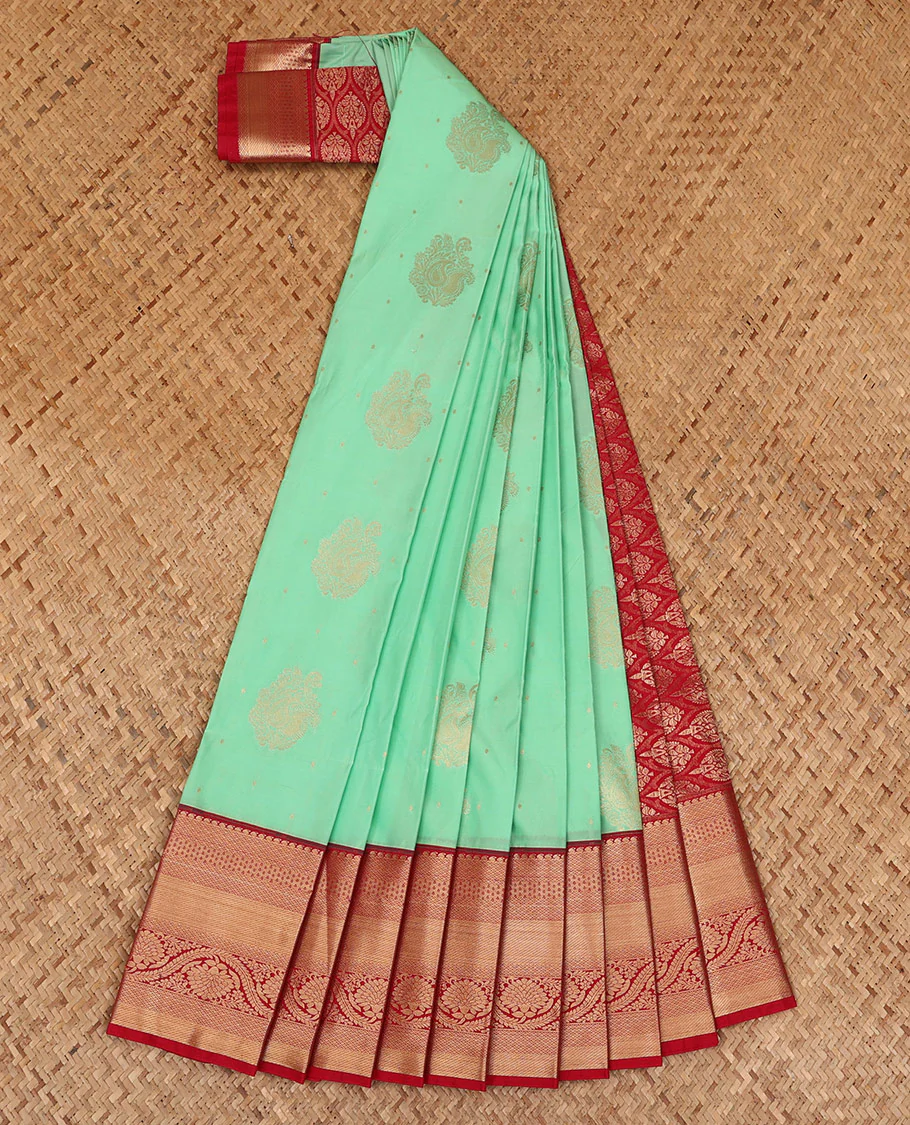 Green Budget Silk Saree Decorated with Zari Buttas, Complemented with a Contrast Traditional Zari Design Border, Zari Embellished Pallu of Intricate Designs, and Paired with a Contrast Blouse - Image 2