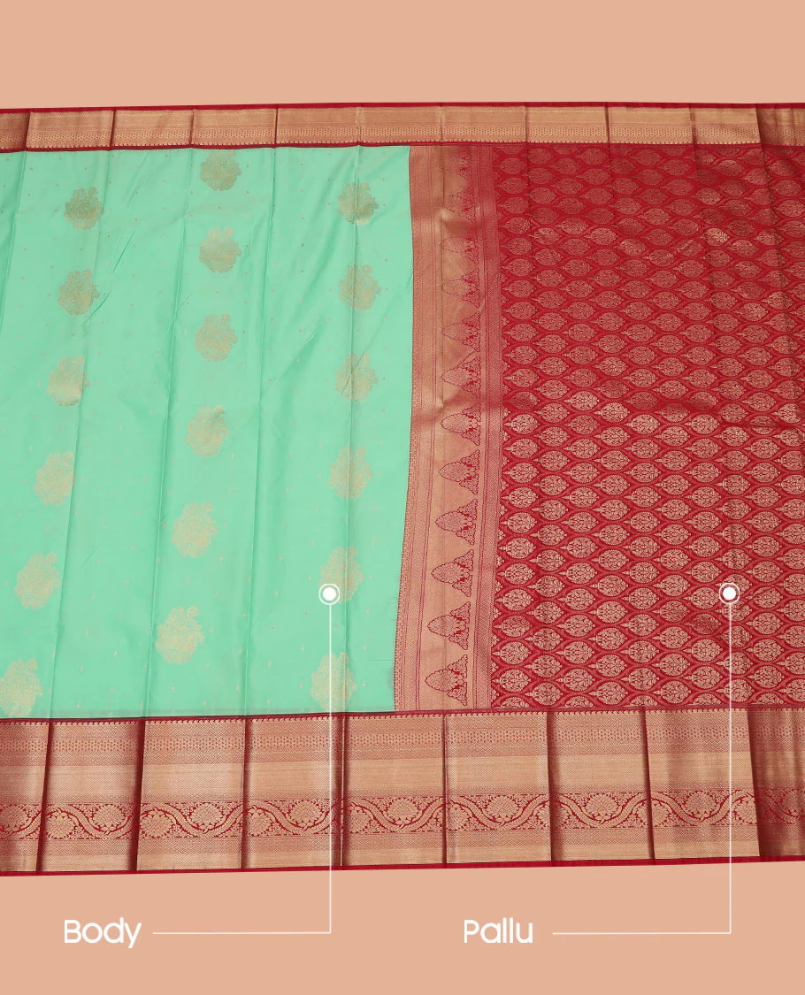 Green Budget Silk Saree Decorated with Zari Buttas, Complemented with a Contrast Traditional Zari Design Border, Zari Embellished Pallu of Intricate Designs, and Paired with a Contrast Blouse - Image 3