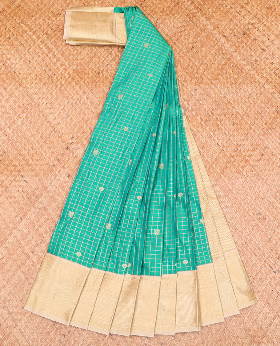 Green Budget Silk Saree Embellished with Peacock Chakram Buttas and Micro-Checks, Complemented by a Contrast Traditional Zari Motifs Woven Border, Subtle Pallu, and Paired with a Contrast Blouse - Image 2
