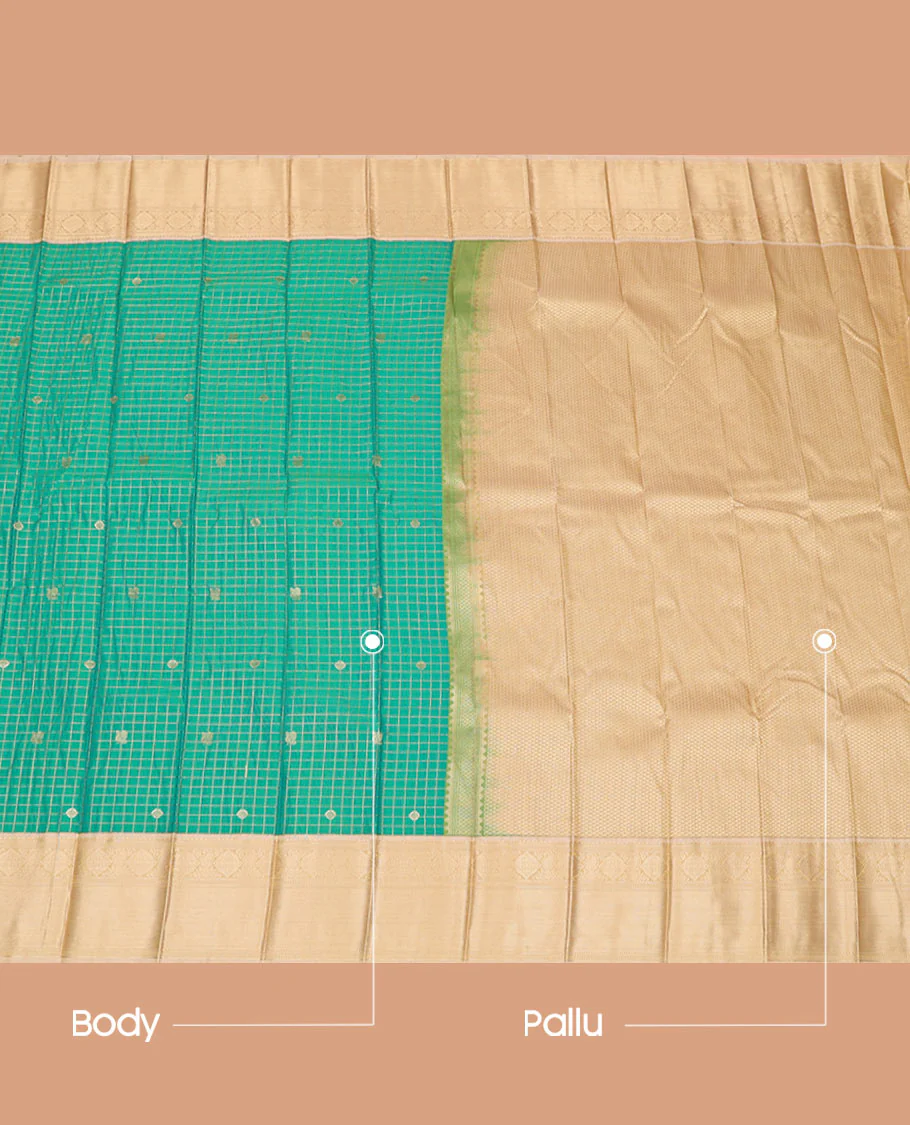 Green Budget Silk Saree Embellished with Peacock Chakram Buttas and Micro-Checks, Complemented by a Contrast Traditional Zari Motifs Woven Border, Subtle Pallu, and Paired with a Contrast Blouse - Image 3