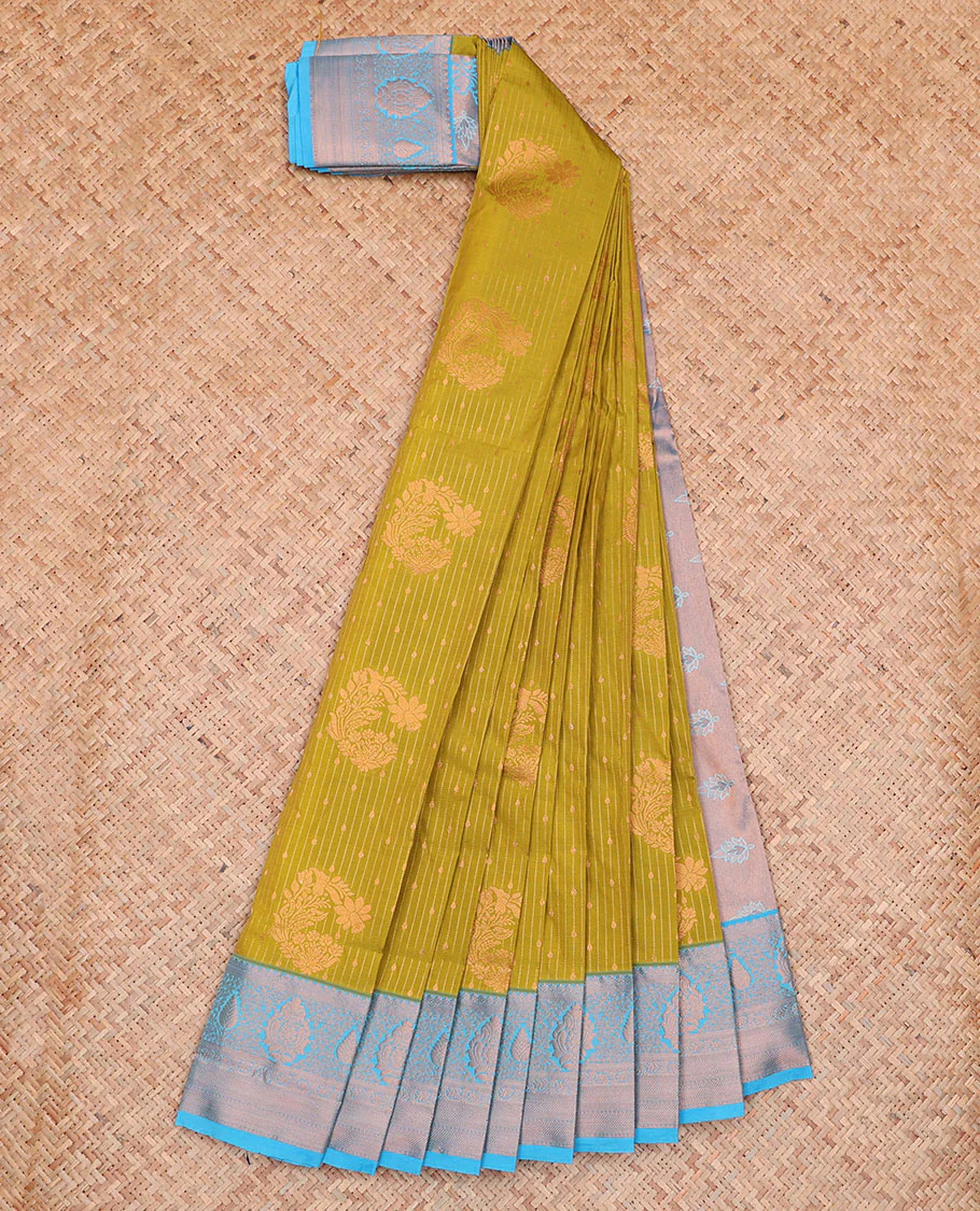 Green Budget Silk Saree Features Zari Buttas and Zari Stripes, a Hazyliy Zari Woven Contrasting Traditional Zari Border, a Zari-Decked-Up Pallu, and a Contrasting Zari-Bordered Blouse - Image 2