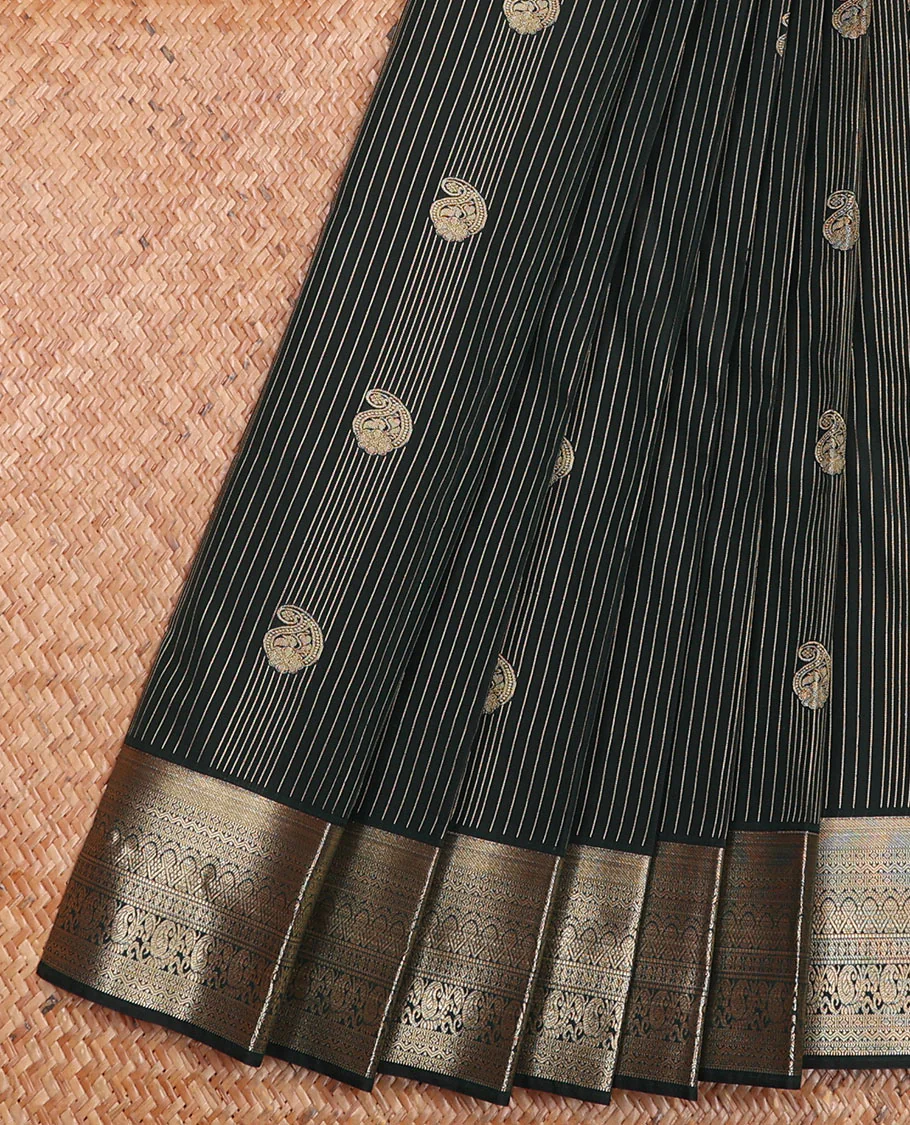 Green Budget Silk Saree Featuring Zari Stripes and Paisley Buttas, Accentuated by a Traditional Motif Zari Border, Adorned with a Jaal-Designed Pallu, and Paired with a Matching Blouse