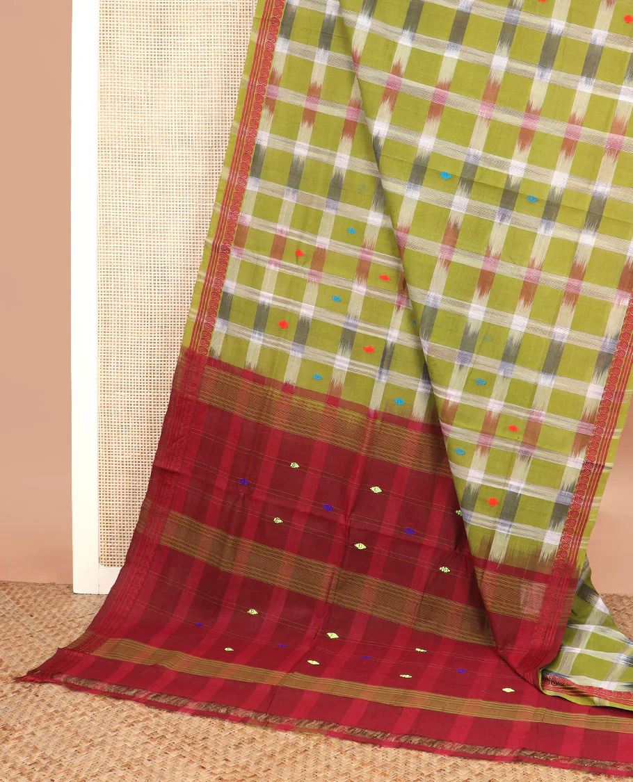 Green buttas and checked Andhra cotton saree, paisley border, and contrast pallu of stripes and buttas - Image 2
