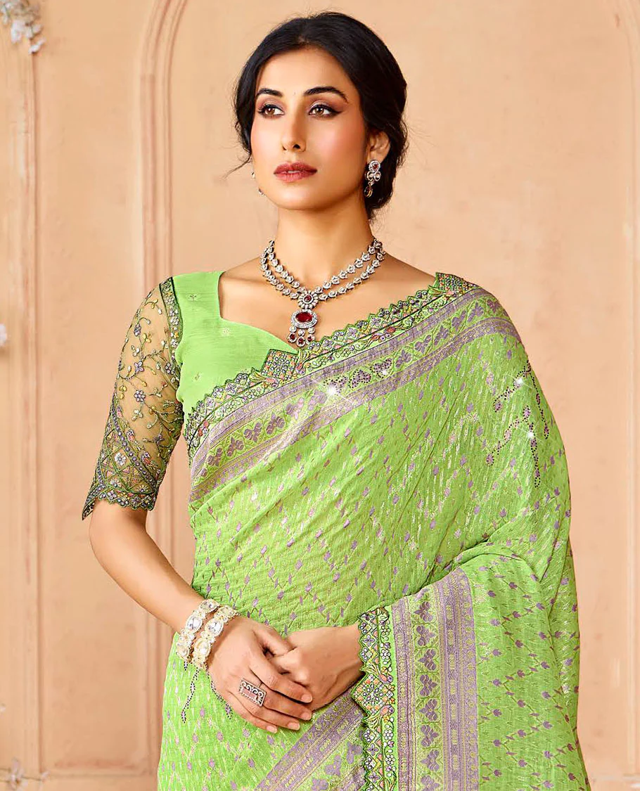 Green buttas and micro-stone work designer saree, scallop embroidered border, and pallu of intricate designs and stone work - Image 2