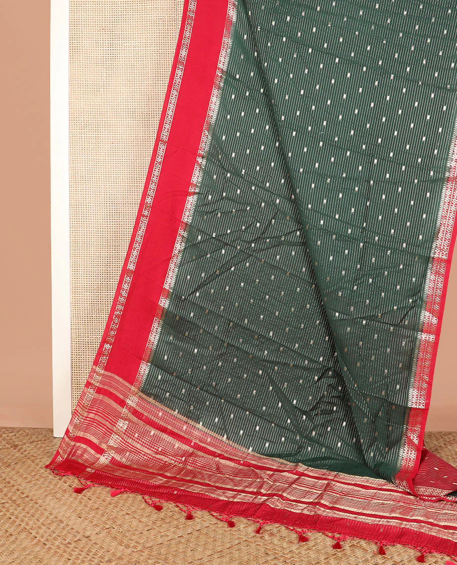 Green buttas and striped assam silk saree, contrast traditional zari border, and pallu of zari stripes - Image 2