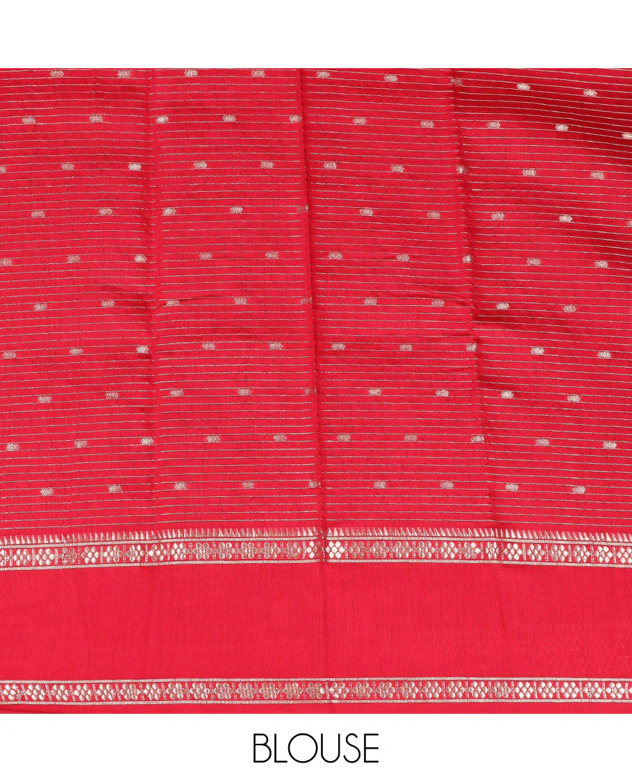 Green buttas and striped assam silk saree, contrast traditional zari border, and pallu of zari stripes - Image 3