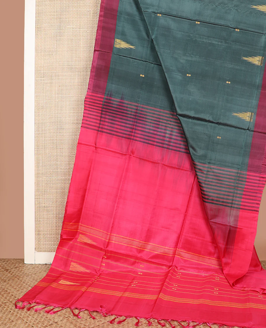 Green buttas Banana pith saree, contrast plain border, and pallu of stripes, and buttas - Image 2