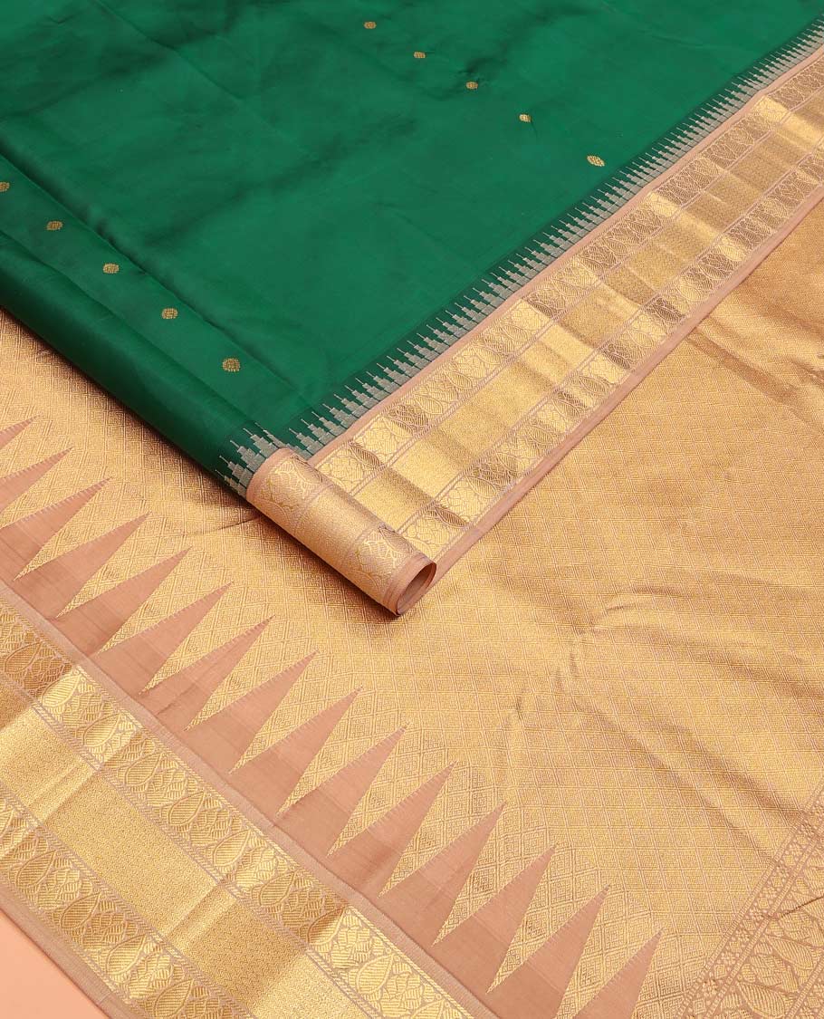 Green buttas Bangalore silk saree, contrast temple traditional zari border, and pallu of jaal designs - Image 2