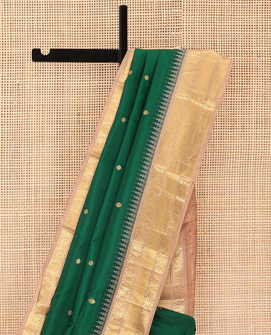 Green buttas Bangalore silk saree, contrast temple traditional zari border, and pallu of jaal designs - Image 3