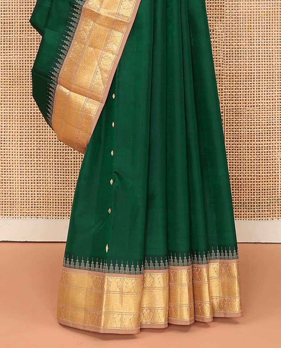 Green buttas Bangalore silk saree, contrast temple traditional zari border, and pallu of jaal designs - Image 4