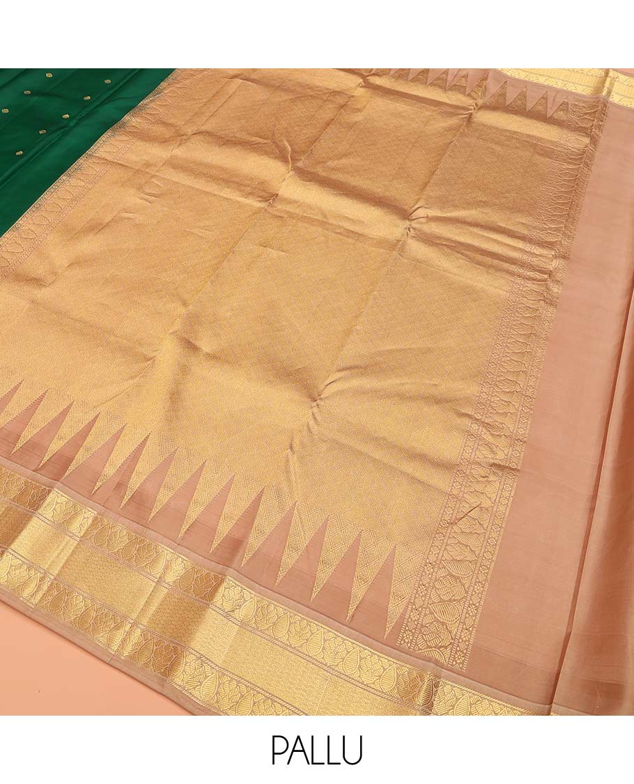 Green buttas Bangalore silk saree, contrast temple traditional zari border, and pallu of jaal designs - Image 5