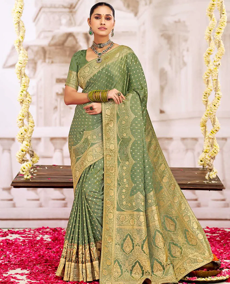 Green buttas designer catalog saree, floral creeper design scallop border, and intricate pallu