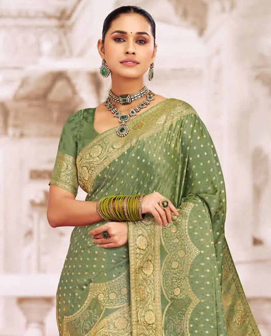 Green buttas designer catalog saree, floral creeper design scallop border, and intricate pallu - Image 2