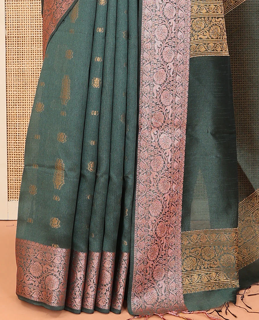 Green buttas dupion saree, floral creeper zari design border, and plain pallu flanked by floral creeper designs - Image 3