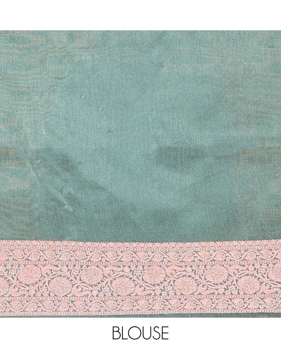 Green buttas dupion saree, floral creeper zari design border, and plain pallu flanked by floral creeper designs - Image 4