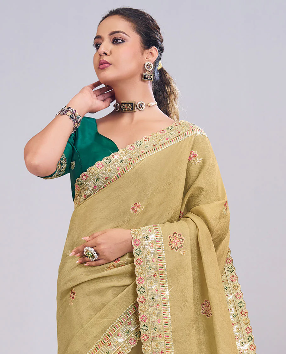 Green buttas embroidered designer catalog saree, scallop thread and sequins embroidered border - Image 2