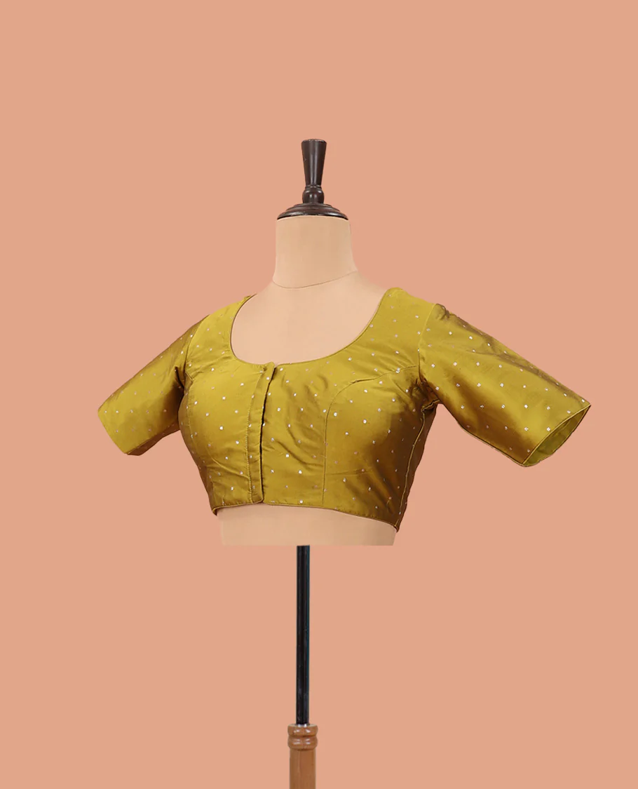 Green buttas front-back round neck elbow sleeve readymade blouse