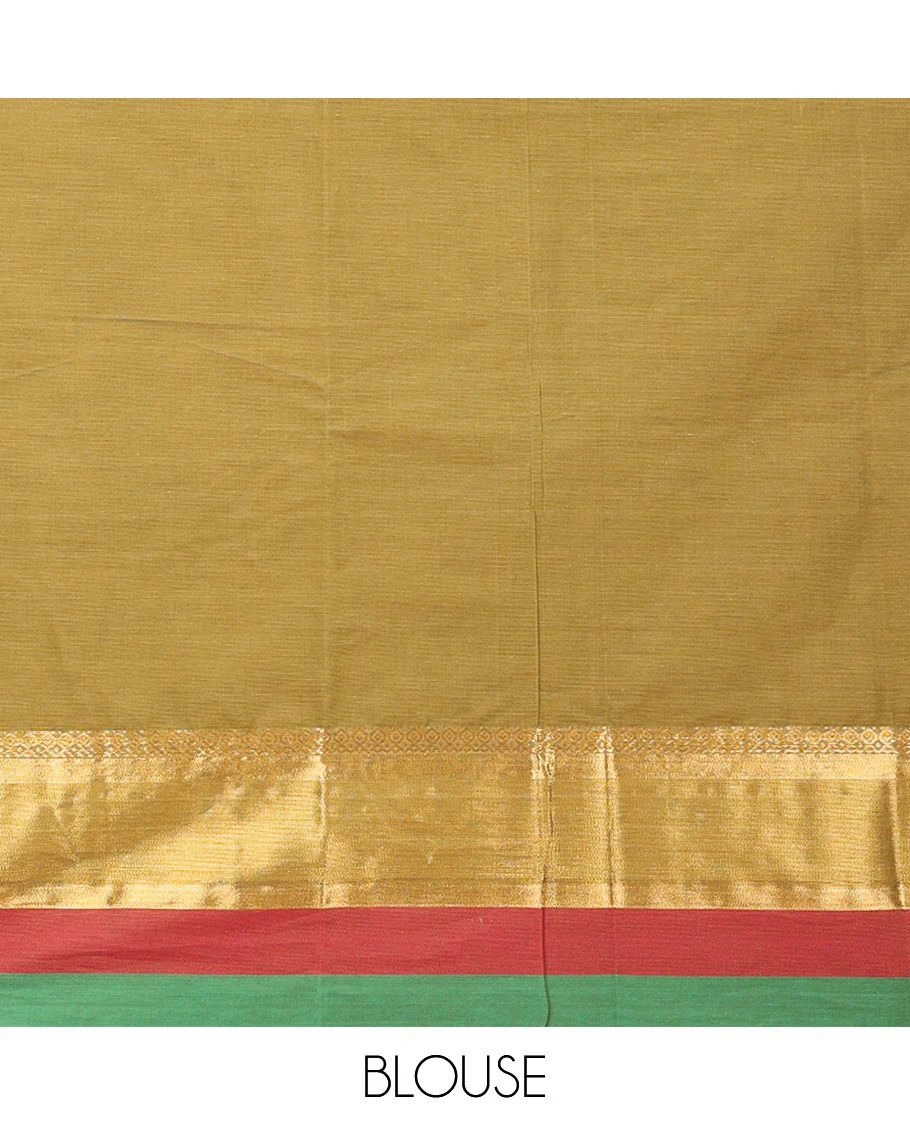 Green buttas kanchi cotton saree, contrast thread and zari border, and pallu of paisley and leaf vine - Image 3