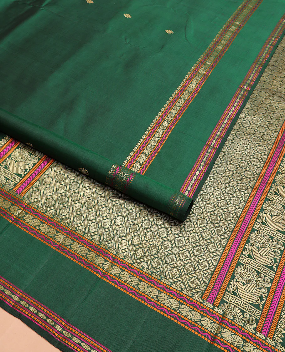 Green buttas Kanchipuram silk saree, rettai pettu border of manga, neli, mayil, and rudraksham designs, and jaal pallu - Image 2