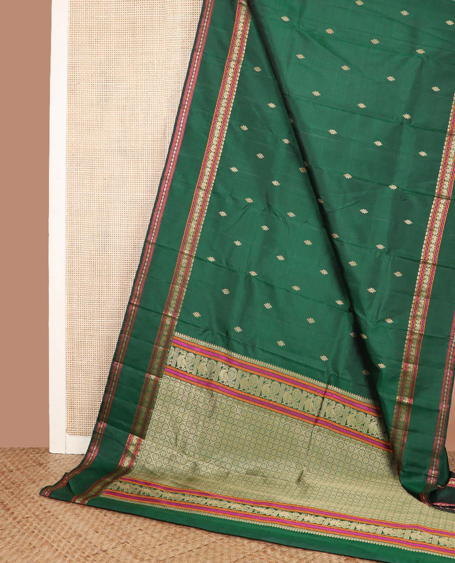 Green buttas Kanchipuram silk saree, rettai pettu border of manga, neli, mayil, and rudraksham designs, and jaal pallu - Image 3