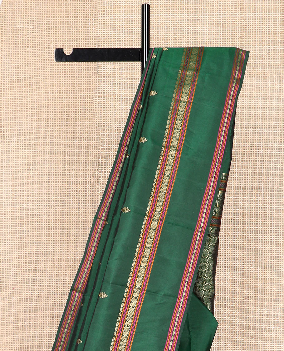 Green buttas Kanchipuram silk saree, rettai pettu border of manga, neli, mayil, and rudraksham designs, and jaal pallu - Image 4