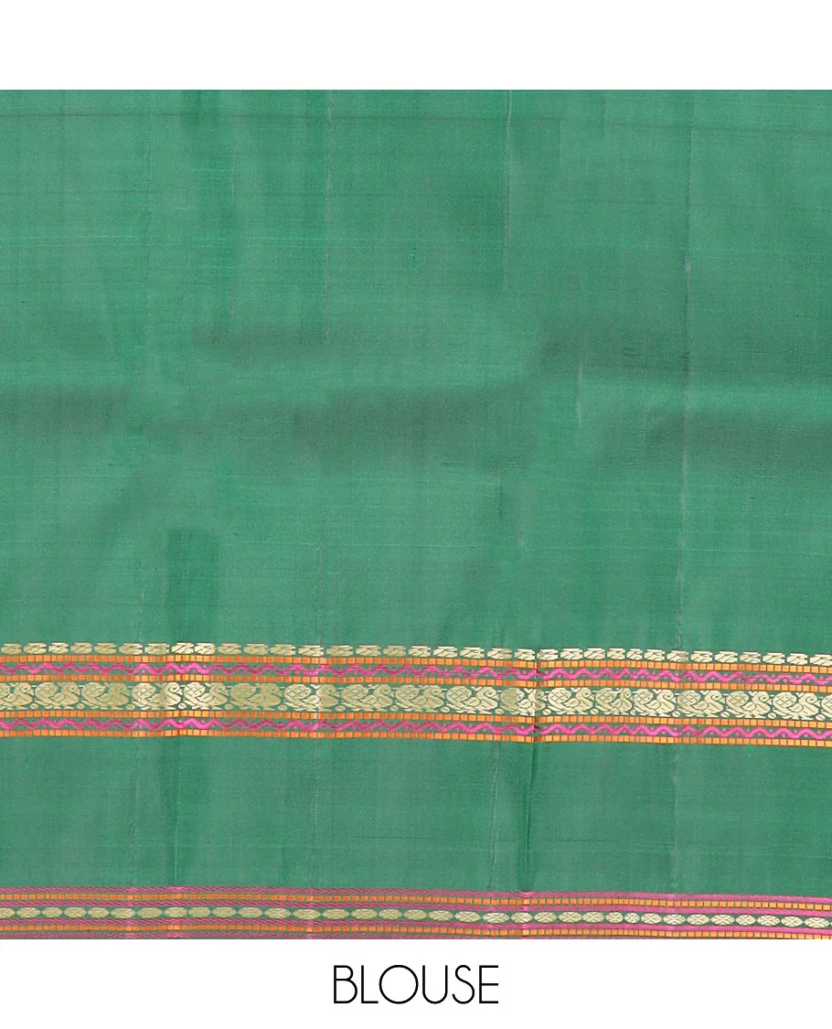 Green buttas Kanchipuram silk saree, rettai pettu border of manga, neli, mayil, and rudraksham designs, and jaal pallu - Image 6