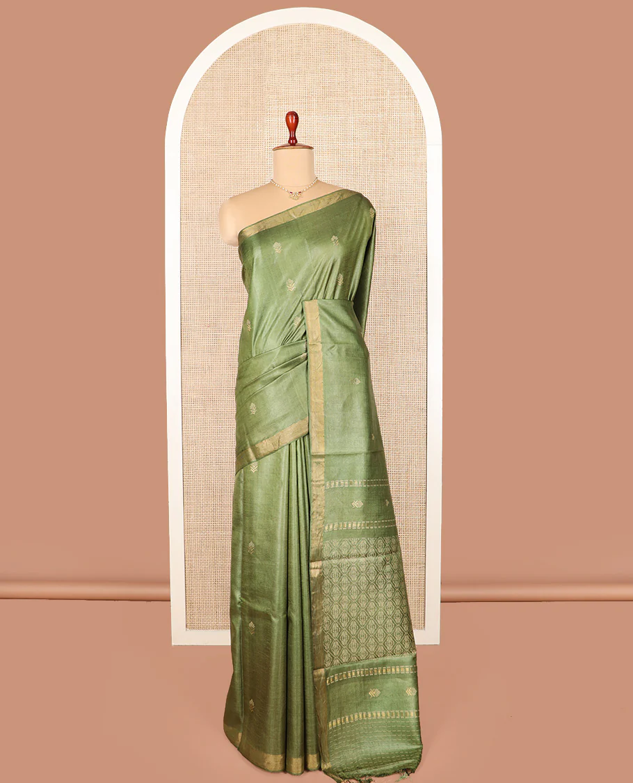 Green buttas tussar saree, zari border, and pallu of jaal designs - Image 2