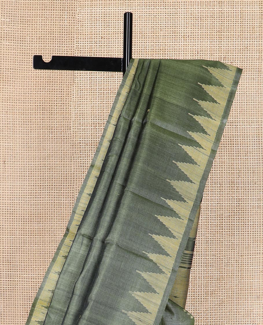 Green buttas tussar silk saree, temple border and pallu of stripes and temple motifs - Image 3