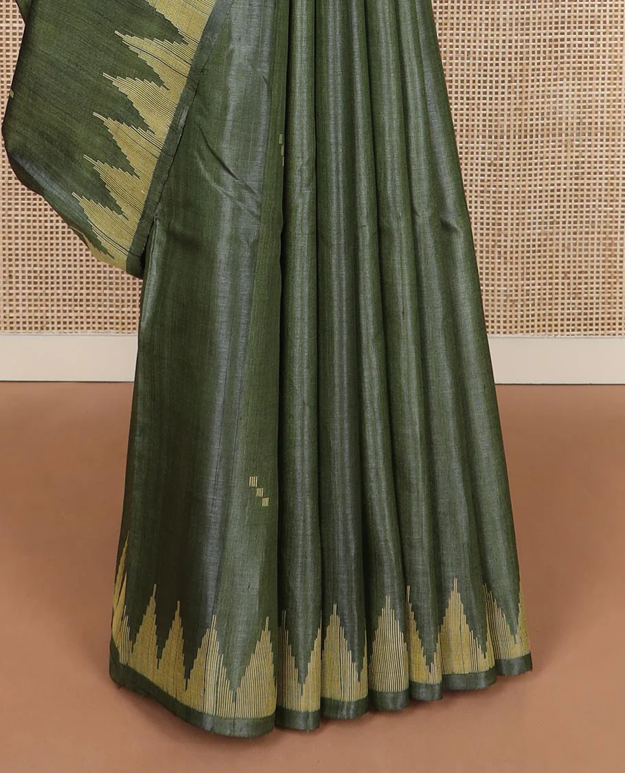 Green buttas tussar silk saree, temple border and pallu of stripes and temple motifs - Image 4