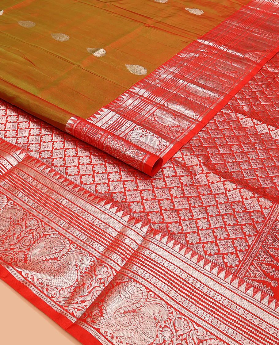 Green buttas Venkatagiri silk saree, contrast temple traditional border of peacocks, and intricate pallu - Image 2