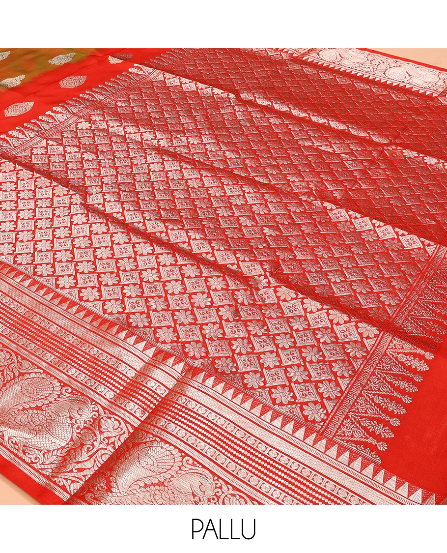 Green buttas Venkatagiri silk saree, contrast temple traditional border of peacocks, and intricate pallu - Image 5
