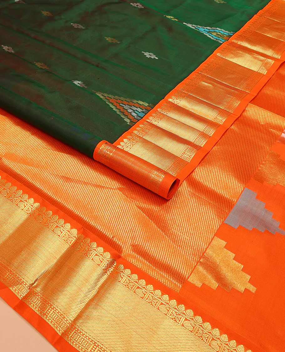 Green buttas Venkatagiri silk saree, contrast temple traditional zari design border, and pallu of zari stripes, and temple designs - Image 2