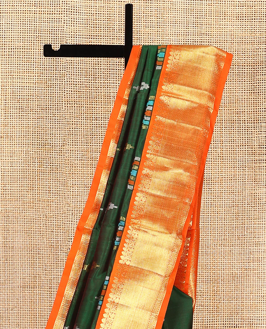 Green buttas Venkatagiri silk saree, contrast temple traditional zari design border, and pallu of zari stripes, and temple designs - Image 3