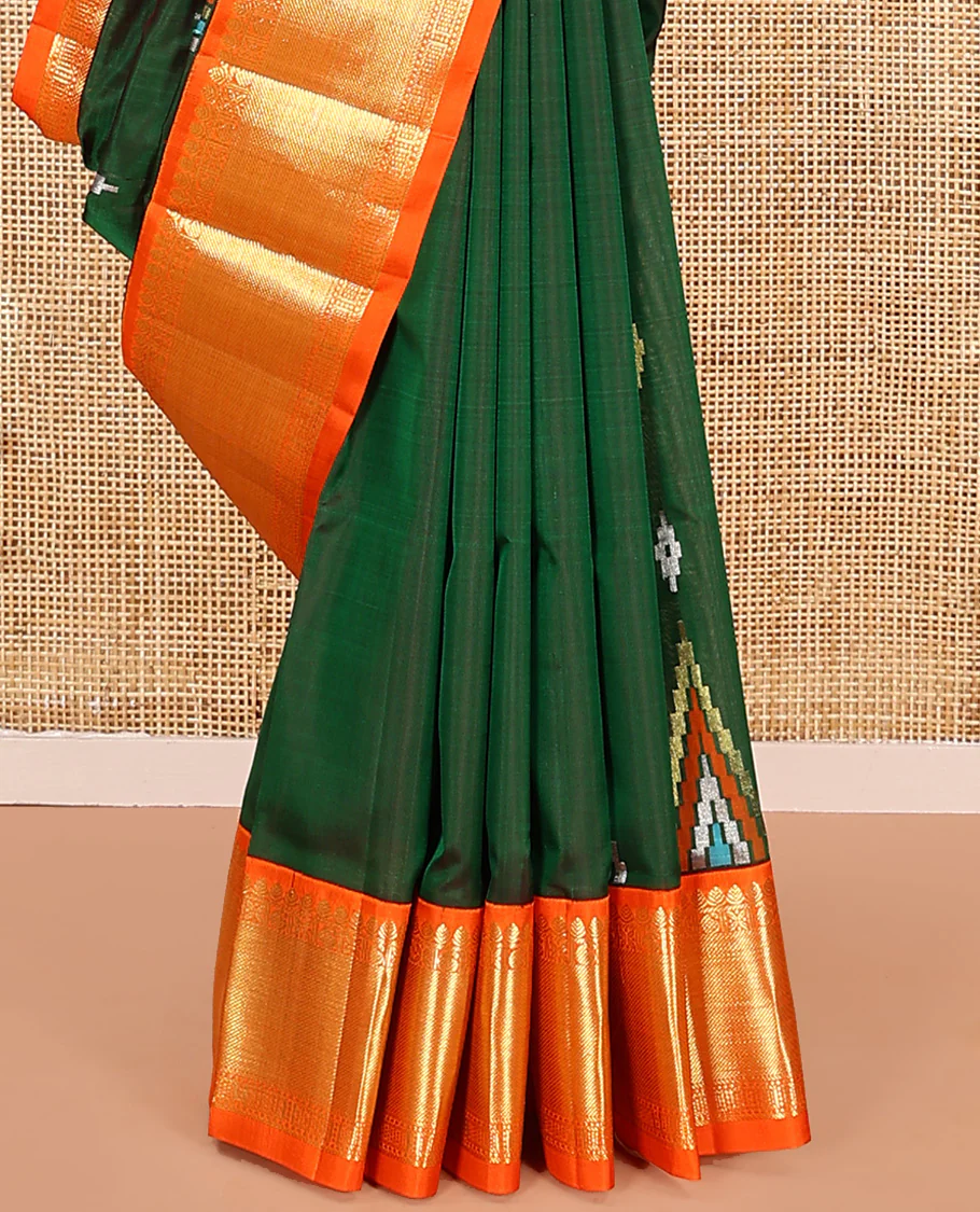 Green buttas Venkatagiri silk saree, contrast temple traditional zari design border, and pallu of zari stripes, and temple designs - Image 4