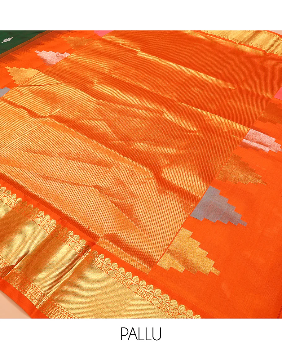 Green buttas Venkatagiri silk saree, contrast temple traditional zari design border, and pallu of zari stripes, and temple designs - Image 5
