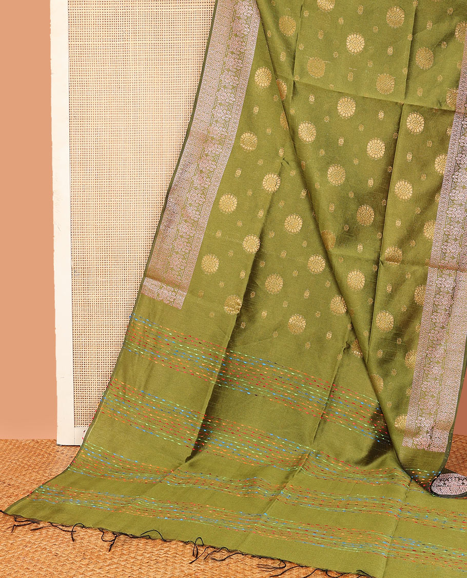Green chakram buttas dupion saree, intricately designed border, and thread striped pallu - Image 2