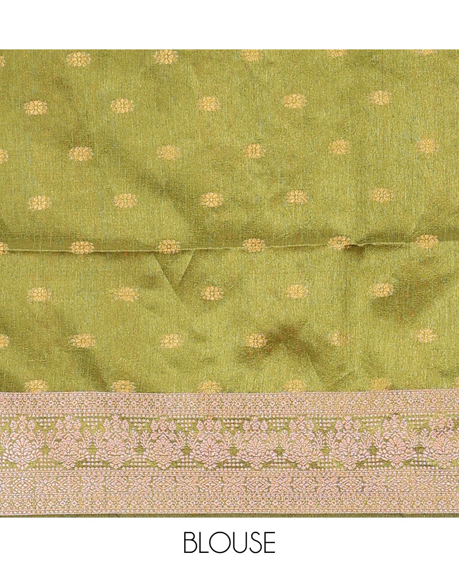 Green chakram buttas dupion saree, intricately designed border, and thread striped pallu - Image 3