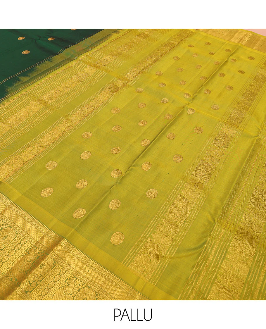 Green chakram zari buttas Kanchipuram silk saree, contrast border of rekku, muthu, mayil kann, and mayil designs, and mayil chakram motifs featured pallu - Image 5