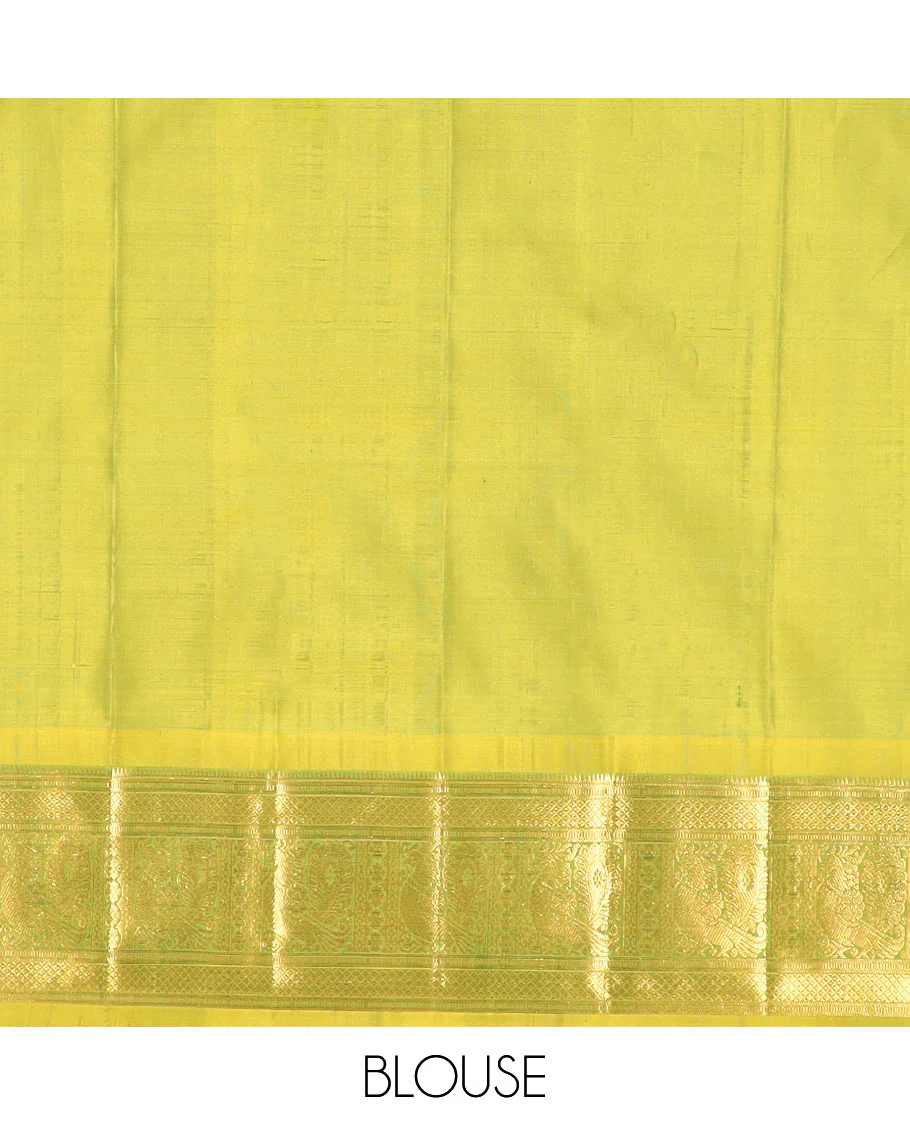 Green chakram zari buttas Kanchipuram silk saree, contrast border of rekku, muthu, mayil kann, and mayil designs, and mayil chakram motifs featured pallu - Image 6