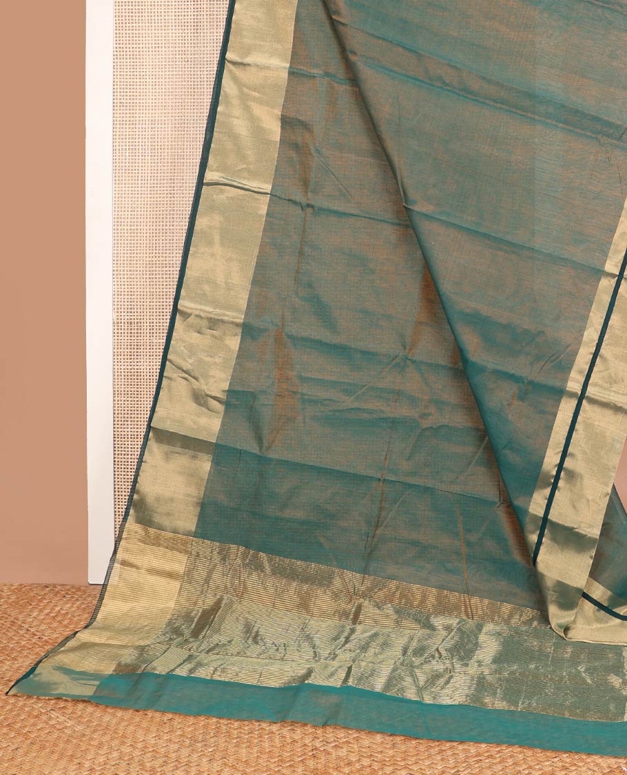 Green chanderi cotton saree with contrast border & striped pallu - Image 2