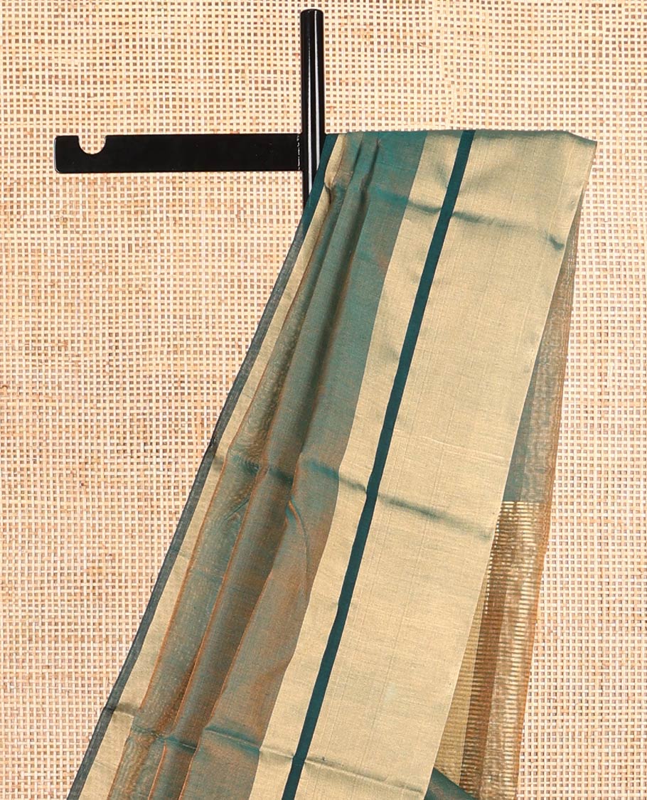 Green chanderi cotton saree with contrast border & striped pallu - Image 3