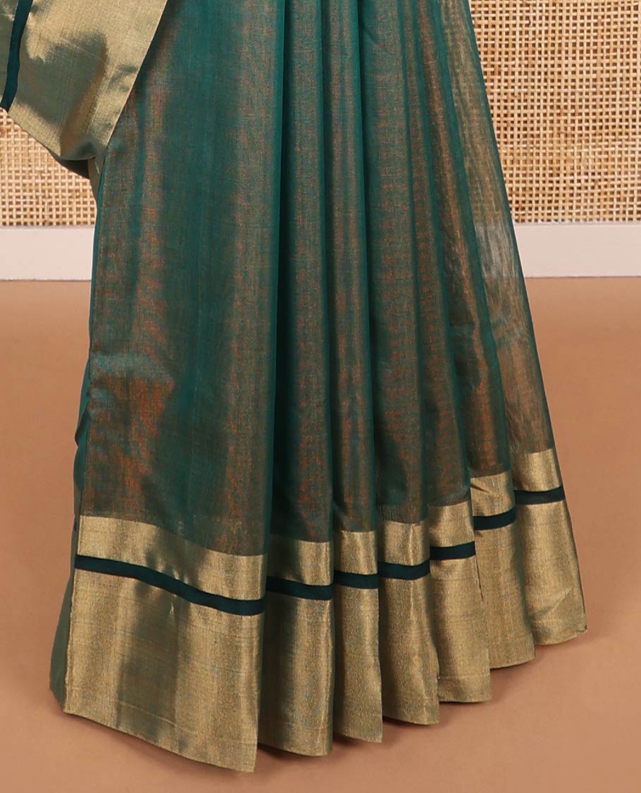 Green chanderi cotton saree with contrast border & striped pallu - Image 4
