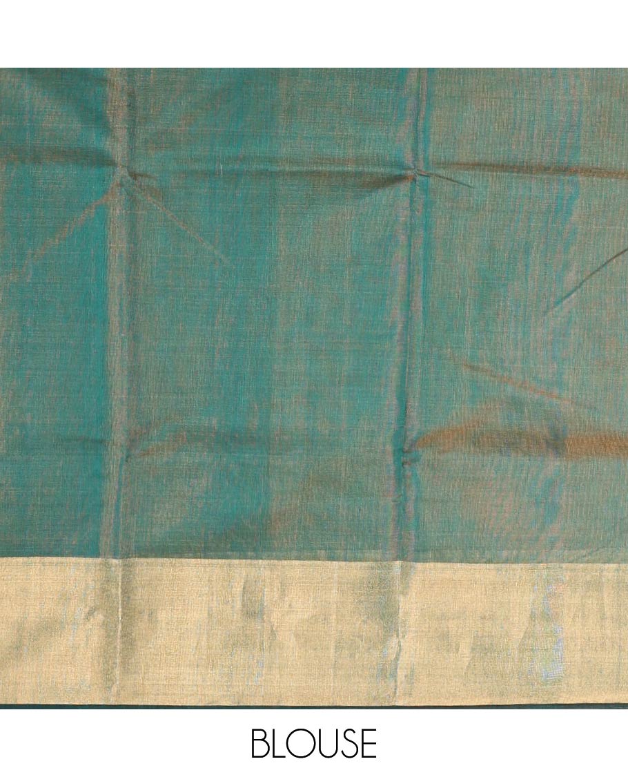 Green chanderi cotton saree with contrast border & striped pallu - Image 5